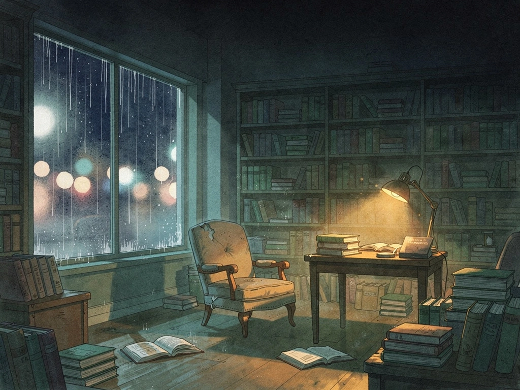 A Heron Creek bookshop after closing — rain on the window, a desk lamp warm over open books.